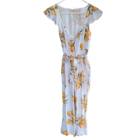 For Love & Lemons Limonada Lemon Crop Jumpsuit Sz XS Flutter Sleeves Belted GUC - Picture 2 of 14